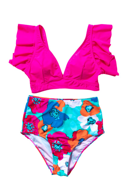 Floral high-waist bikini bottoms in rose red