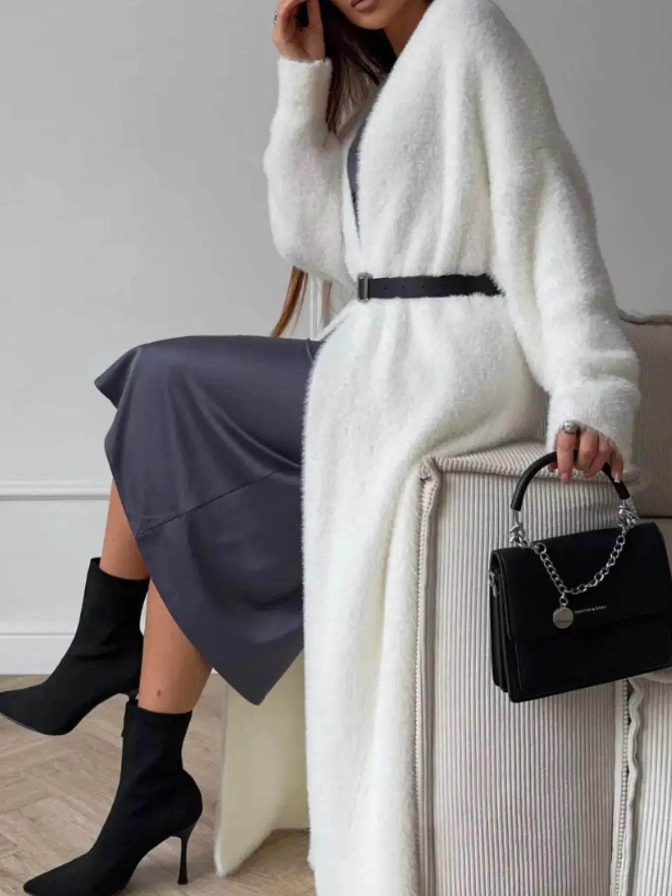 Brown Fuzzy Open Front Longline Cardigan For Women Warm Cozy Simply Love