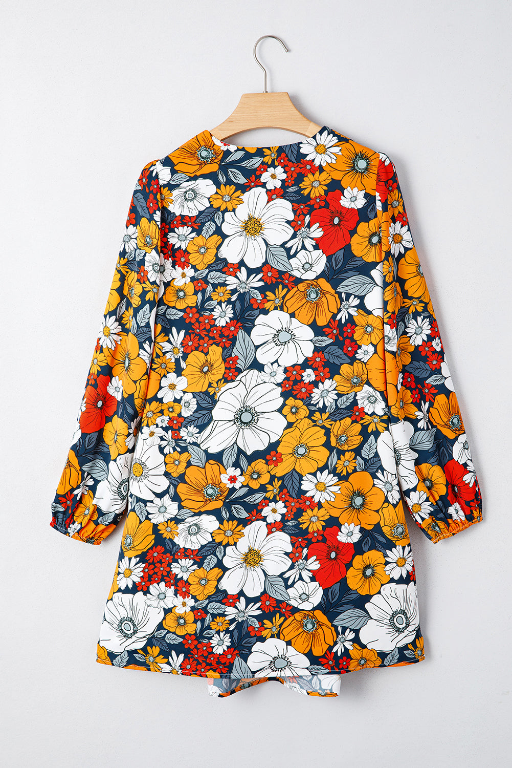 Orange Floral Print Lace V Neck Long Sleeve Mini Dress