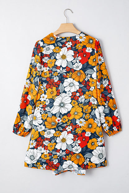 Orange Floral Print Lace V Neck Long Sleeve Mini Dress