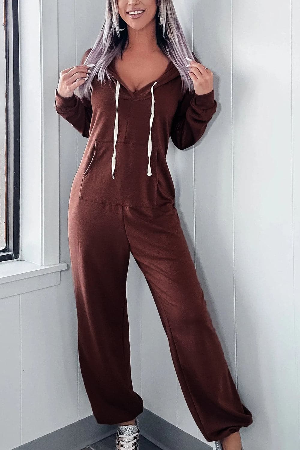 Full Size Drawstring Long Sleeve Jumpsuit.