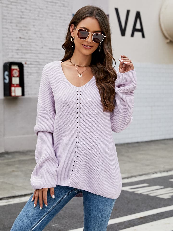 Openwork Dropped Shoulder Long Sleeve Sweater.