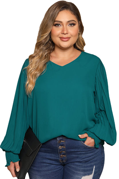 Chic green pleated bubble sleeve blouse for plus sizes