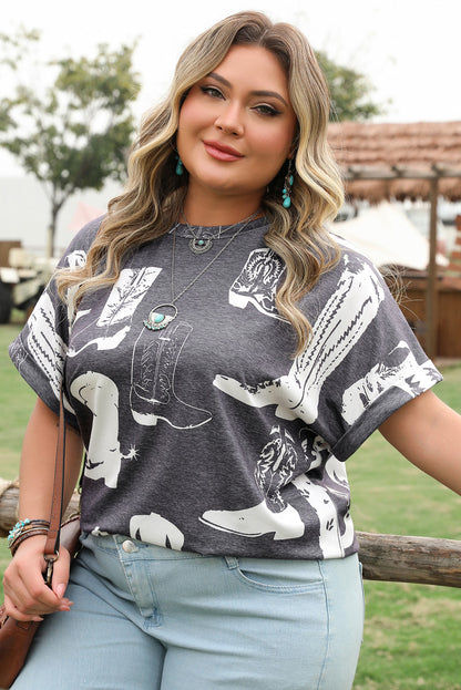 Gray Western Print Plus Size Crew Neck T-Shirt with Short Sleeves