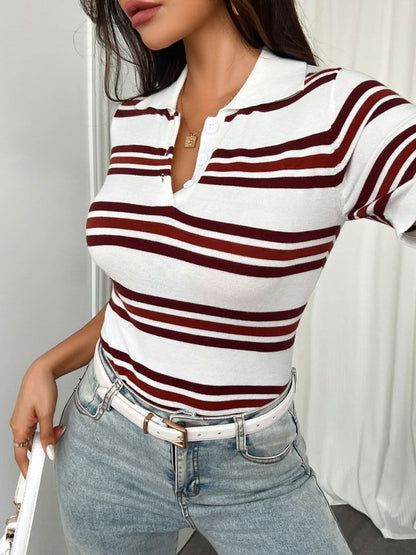 Devine Striped Collared Neck Short Sleeve T-Shirt