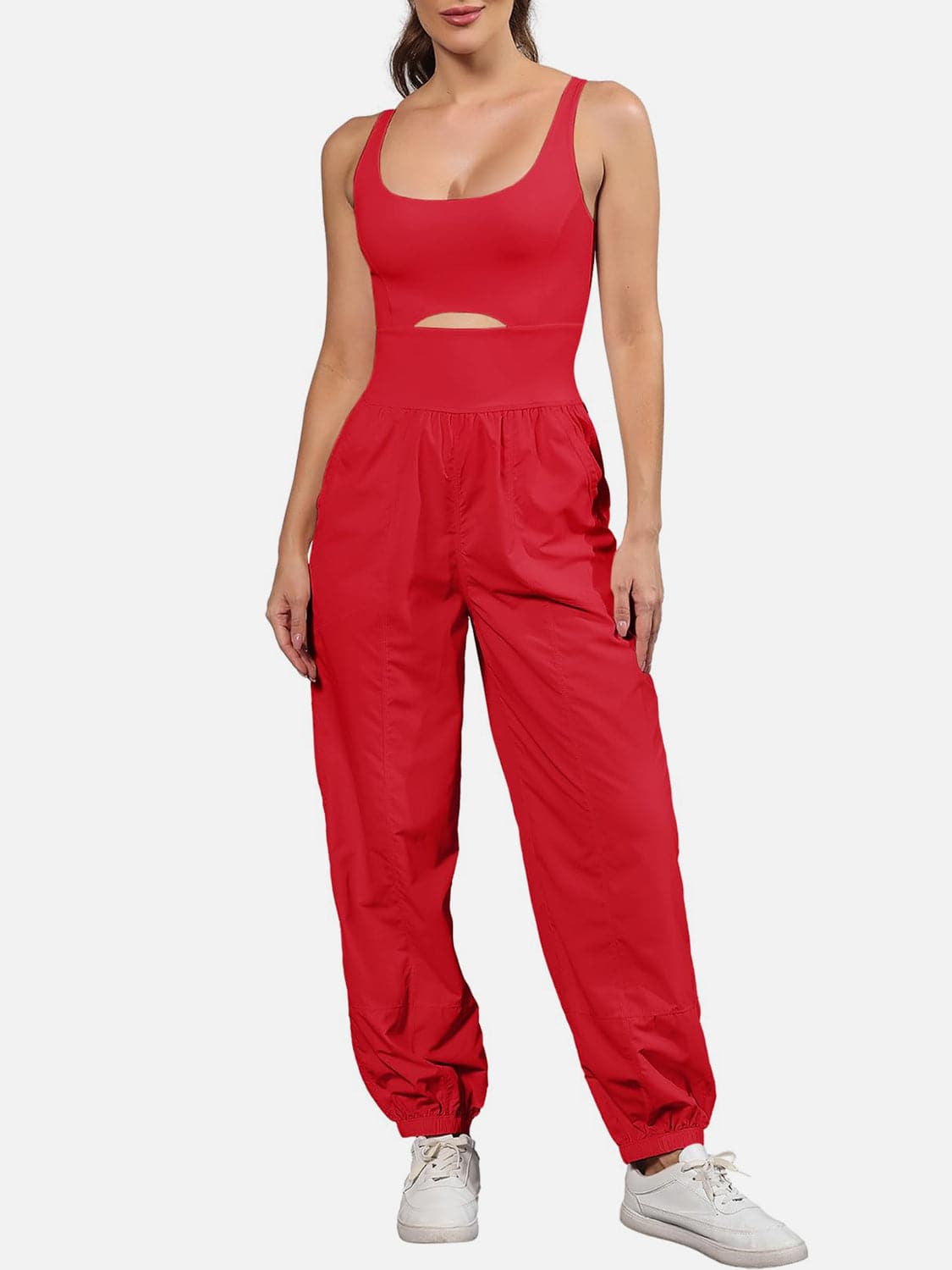 Chic cutout scoop neck jumpsuit with wide straps and pockets