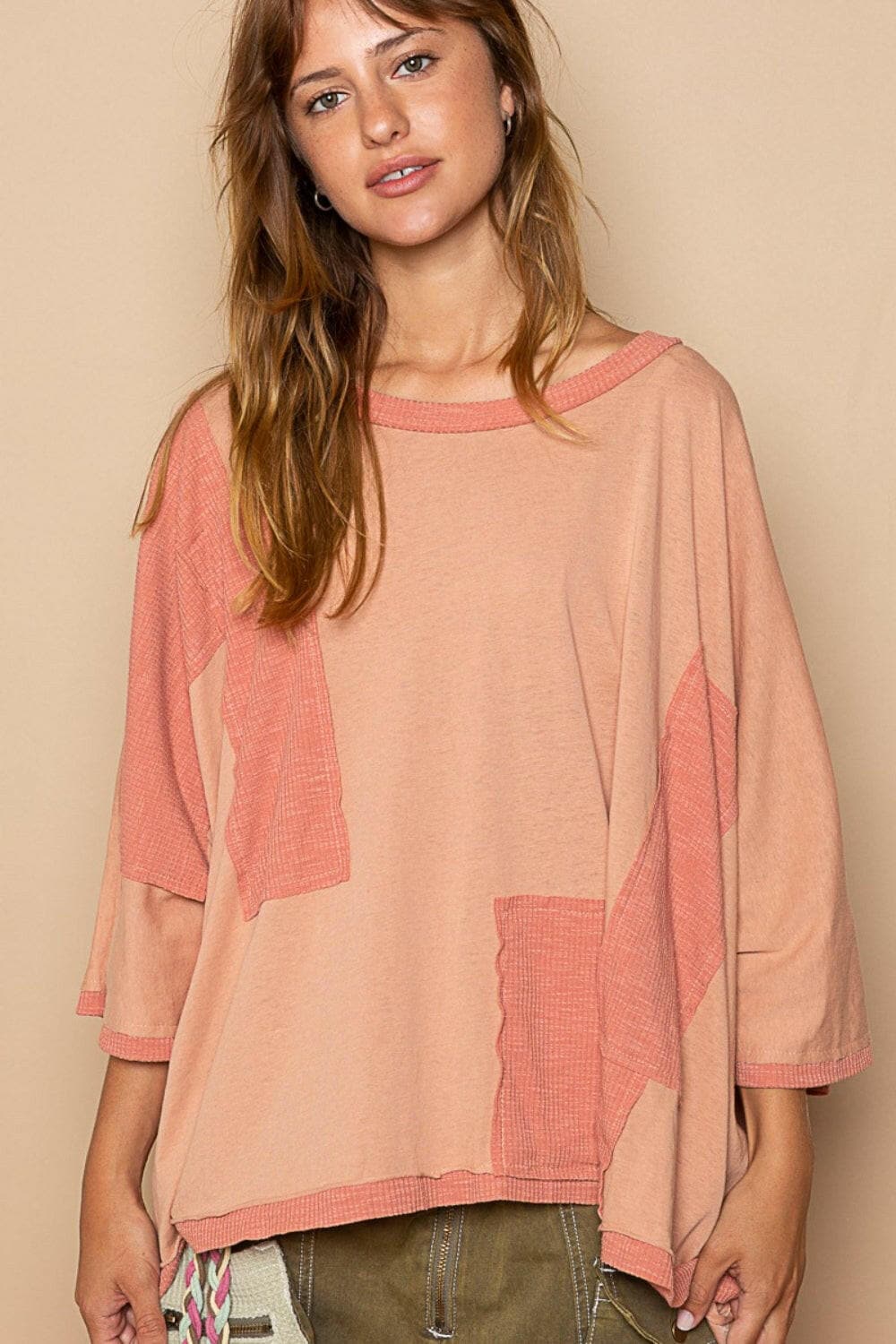 POL Frayed Edge Patchwork Oversized T-Shirt.