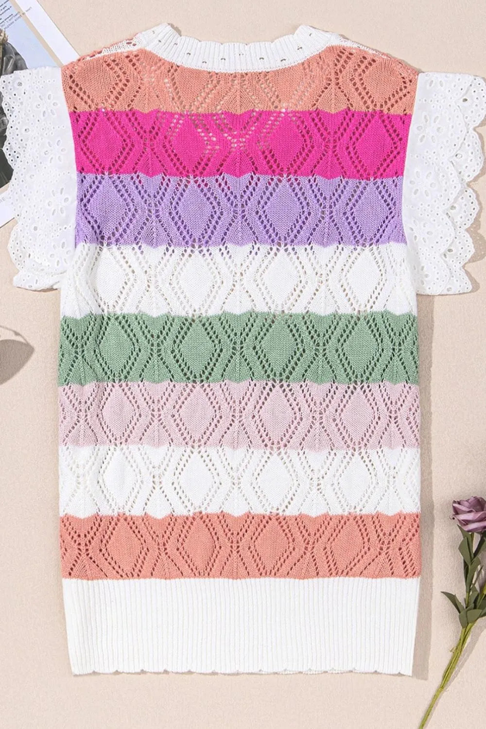 Openwork Round Neck Cap Sleeve Knit Top