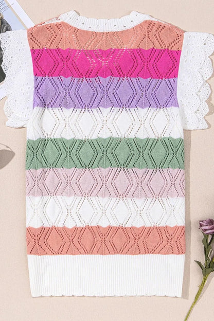 Openwork Round Neck Cap Sleeve Knit Top