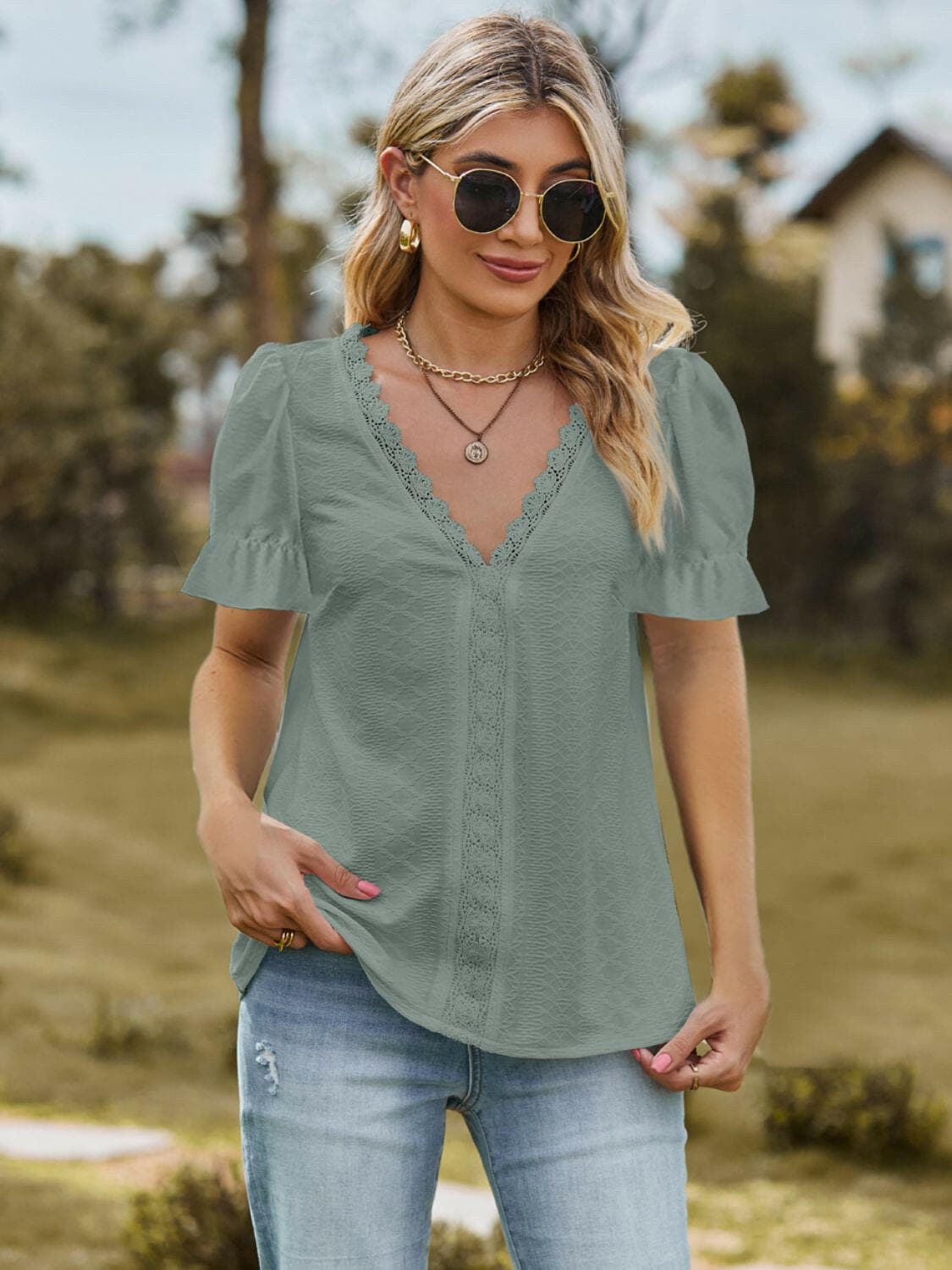 Lace Detail V-Neck Flounce Sleeve BlouseUpgrade Your Style with our Lace Detail V-Neck Blouse!
 
 
Chic Design: Elevate your look with the intricate lace detailing and flounce sleeves of this blouse.
 
VerLove Salve -Neck Flounce Sleeve BlouseShirts