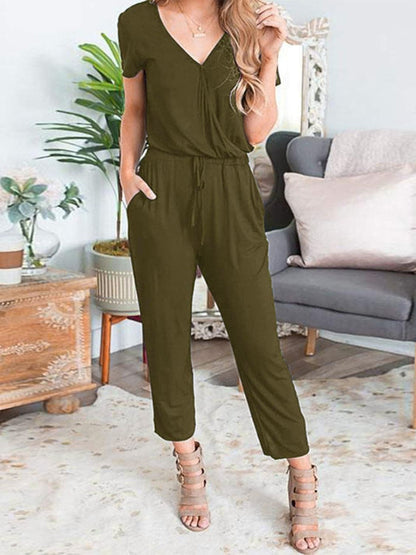 Drawstring Surplice Short Sleeve Jumpsuit.