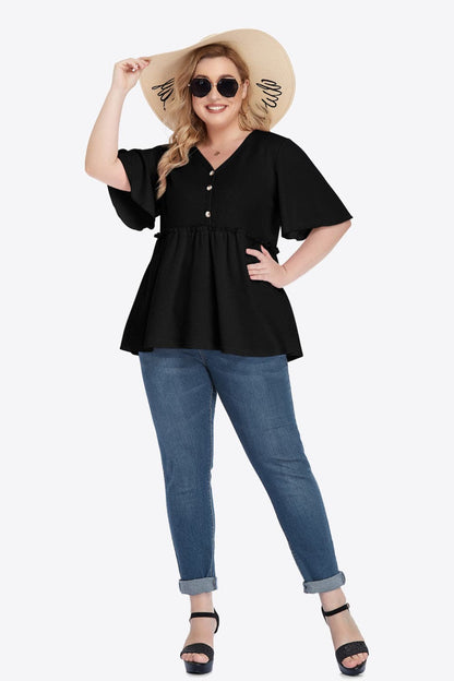 Plus Size Buttoned V-Neck Frill Trim Babydoll Blouse.