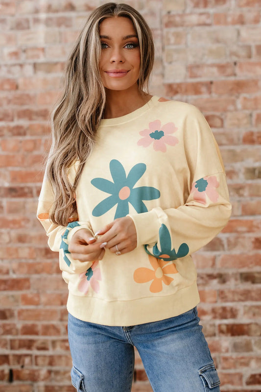 Dear-Lover Khaki Floral Sweatshirt Women's Daily French Terry Pullover - Relaxed Fit Dear-Lover Dropshipping