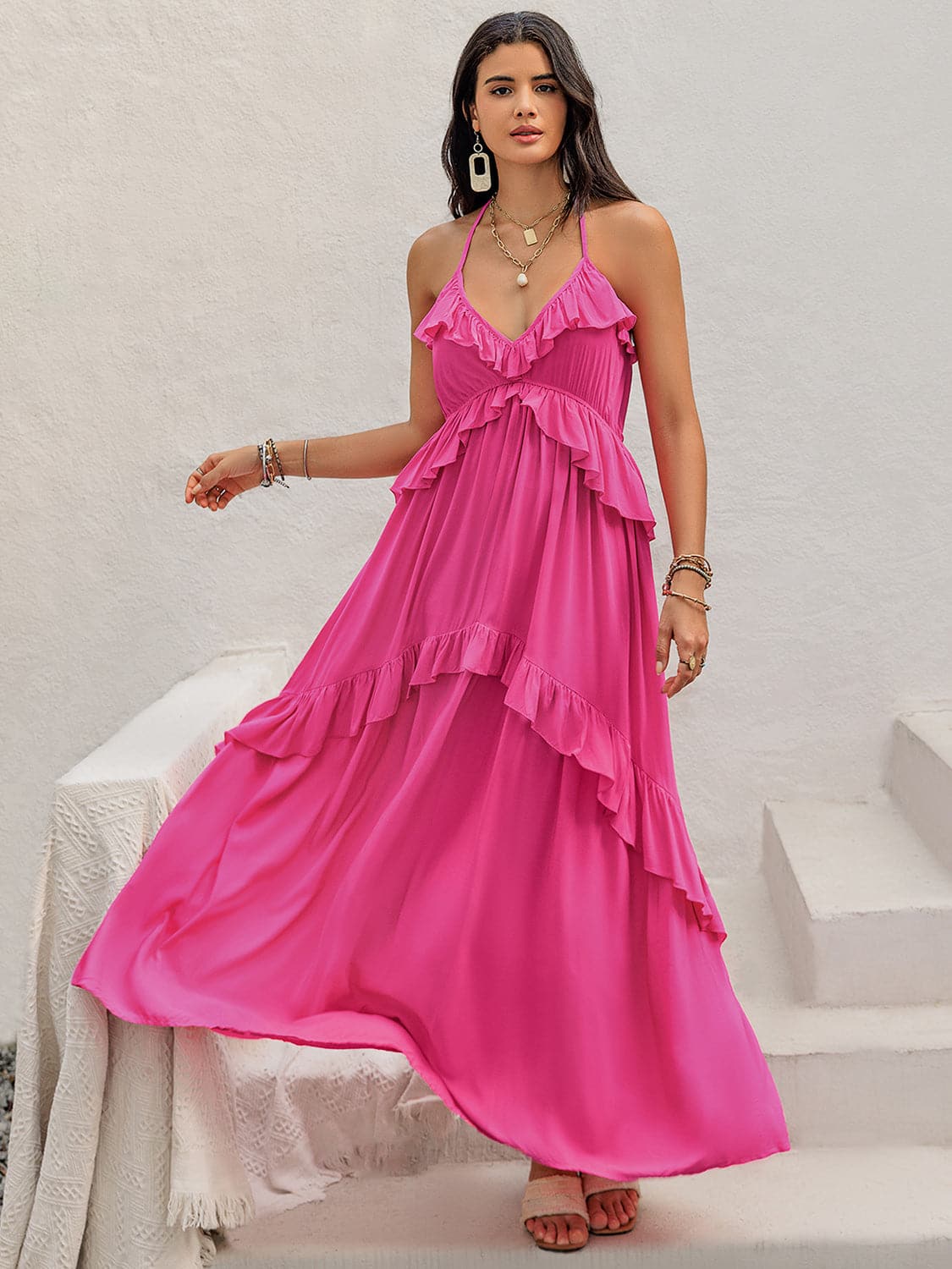 Ruffled Halter Neck Sleeveless Maxi Dress.