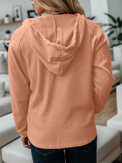 Waffle-Knit Drawstring Quarter Button Hoodie.