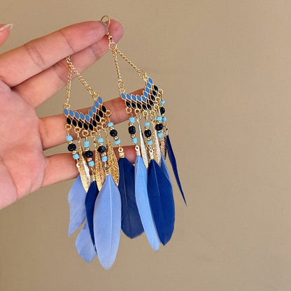 Feather and rice bead alloy earrings