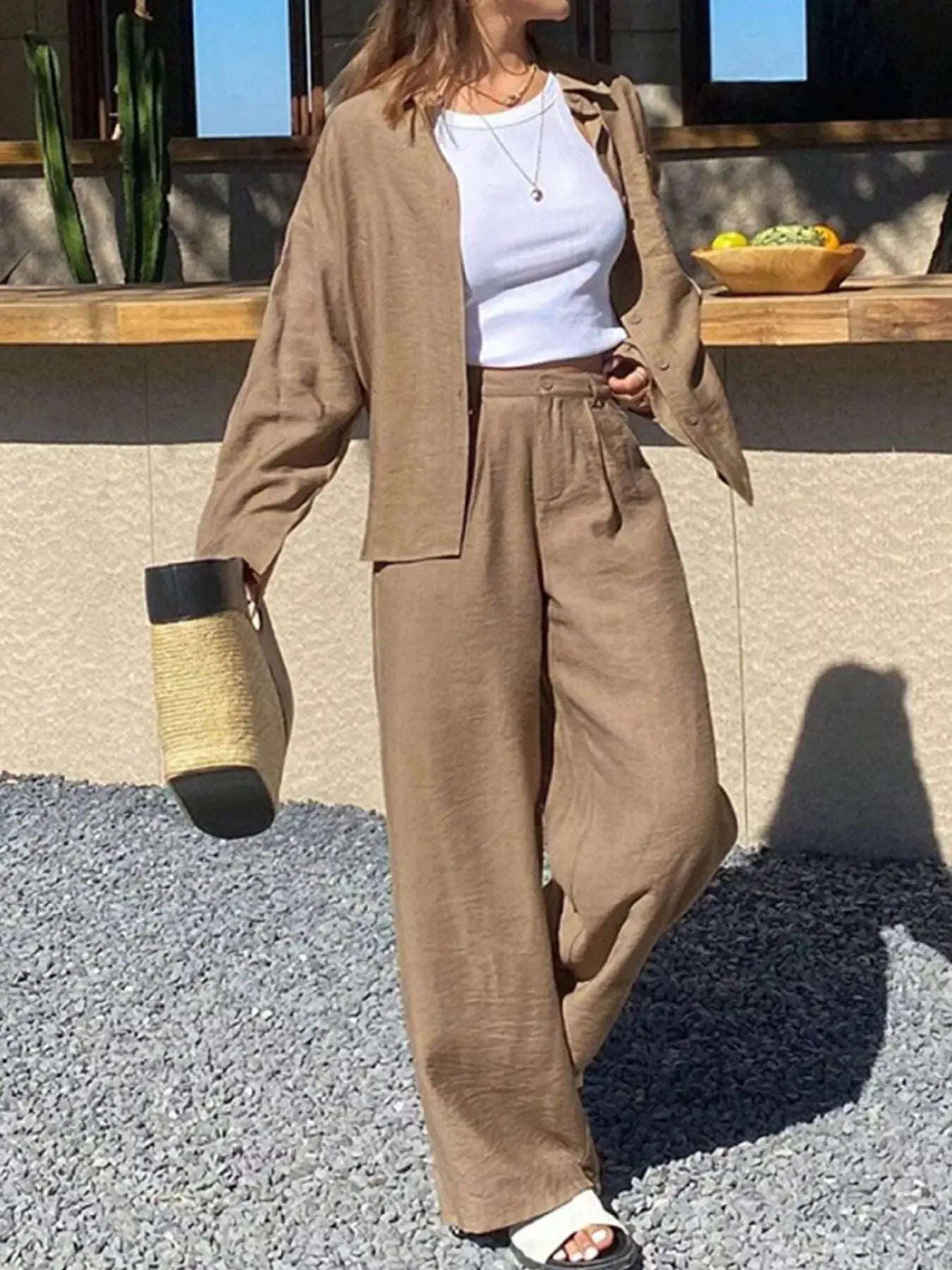 Full Size Relaxed Fit Button Up Shirt and Pants Two-Piece Set Plus Size Simply Love