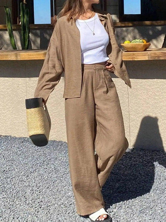 Full Size Relaxed Fit Button Up Shirt and Pants Two-Piece Set Plus Size Simply Love