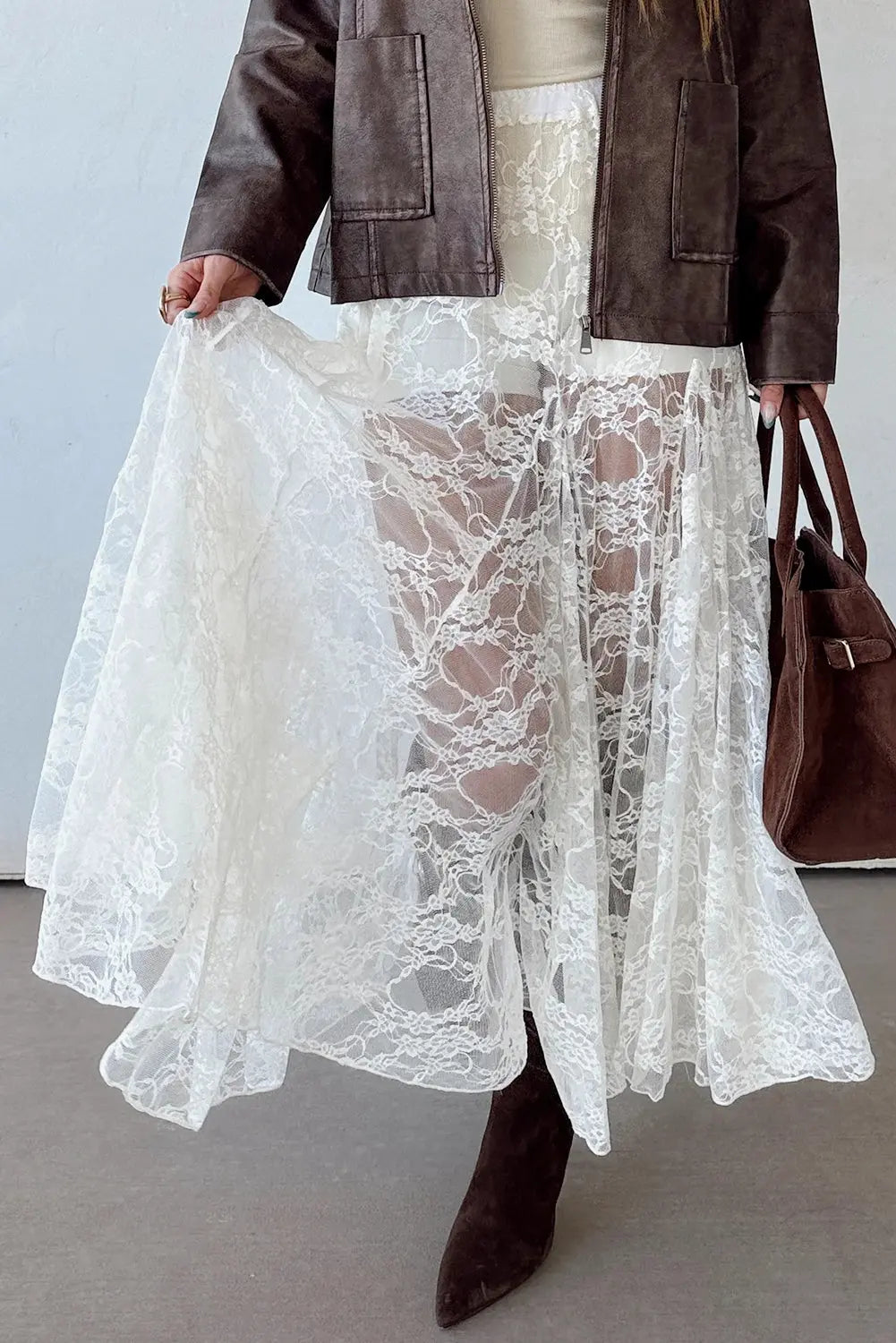 White Sheer Floral Lace Flowy Maxi Skirt For Women Dear-Lover Dropshipping
