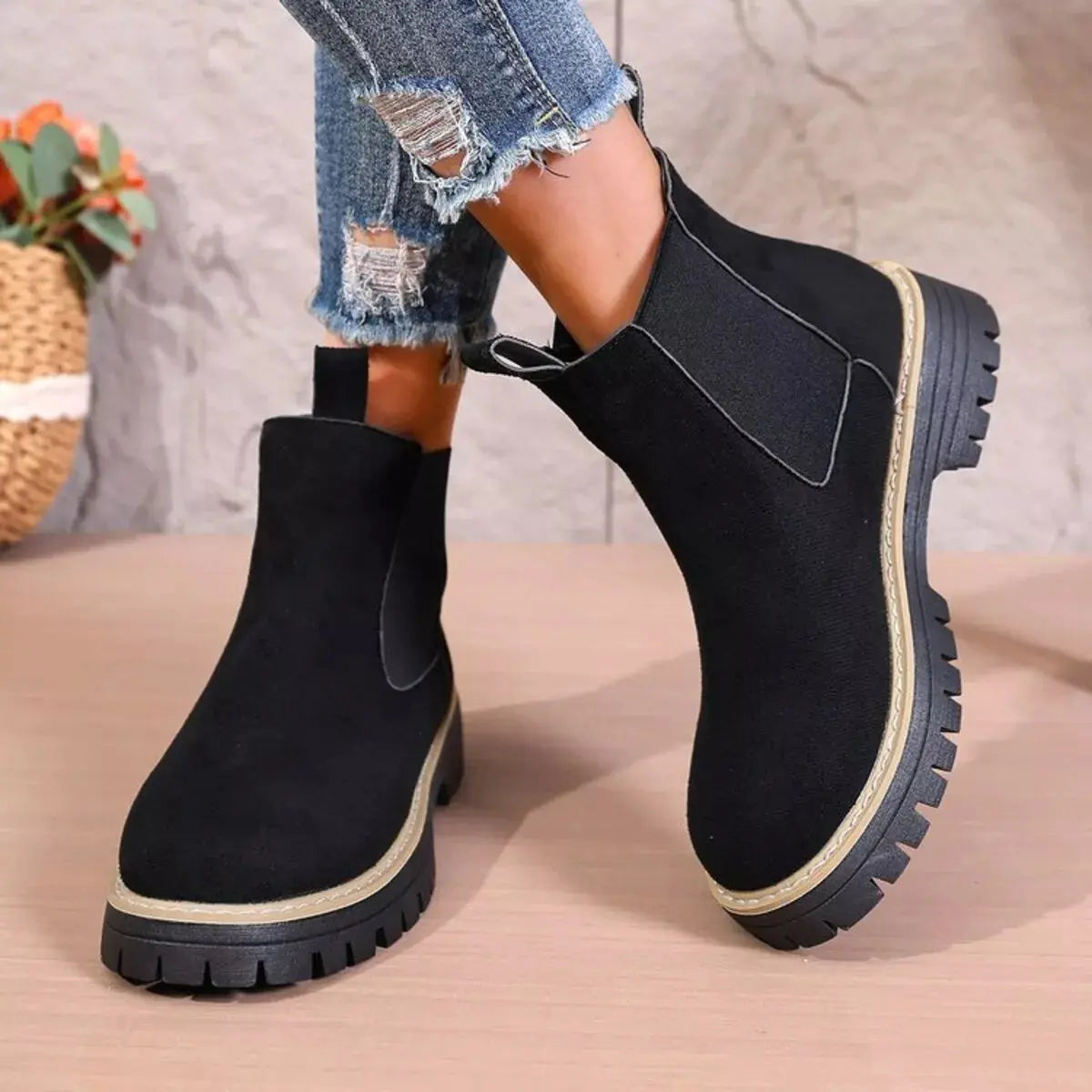 Black Round Toe Platform Chelsea Boots Mid Heel With Chunky Lug Sole Simply Love