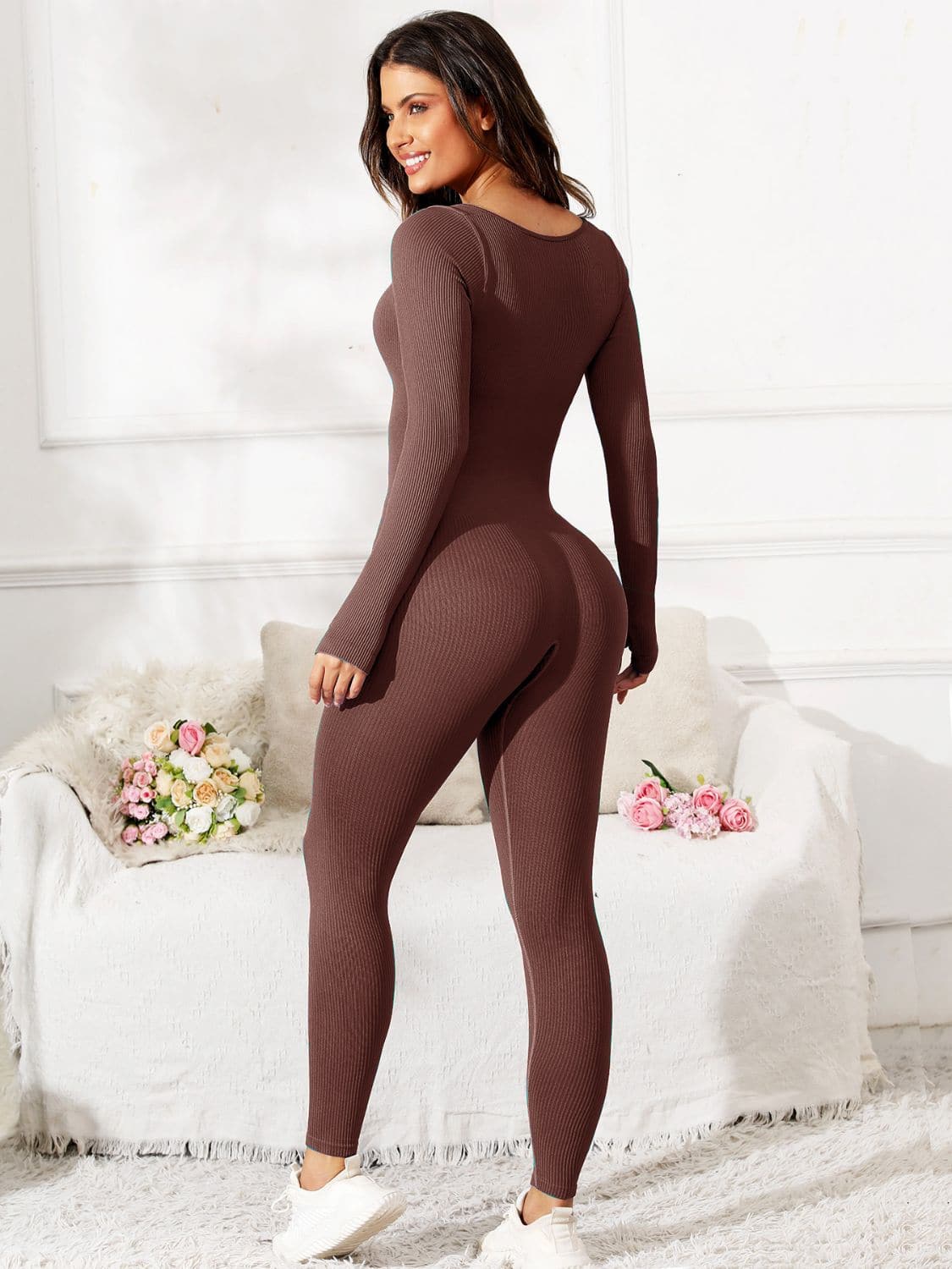 Scoop Neck Long Sleeve Active Jumpsuit.