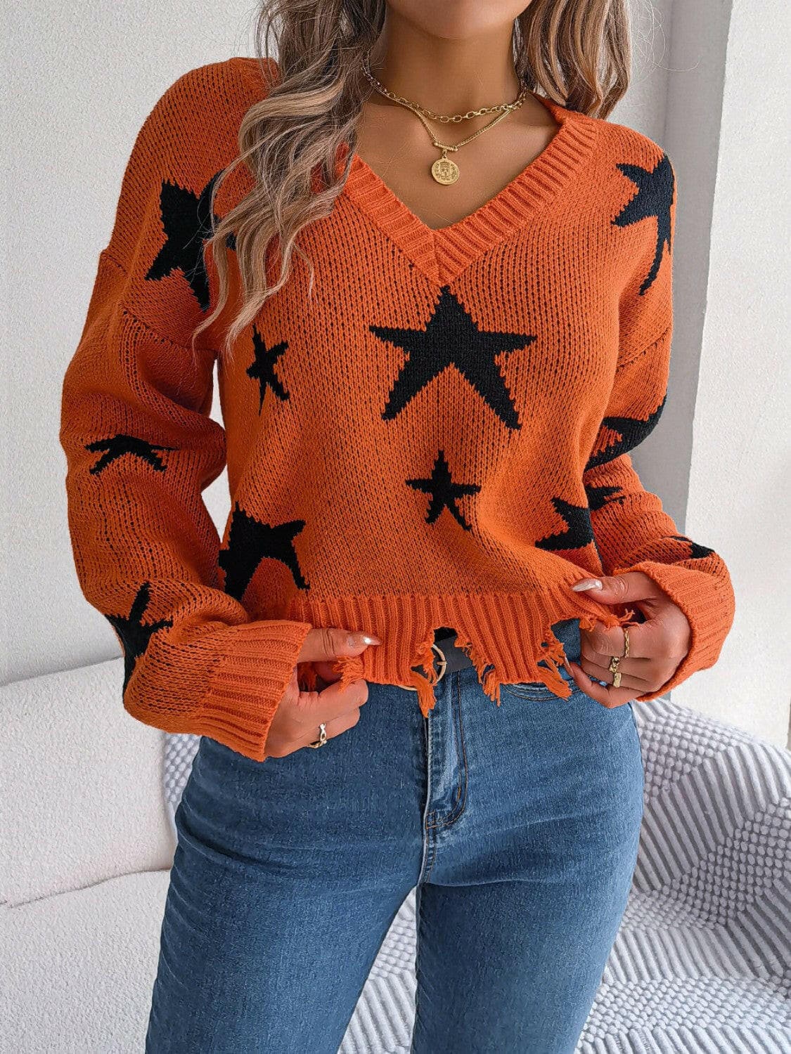 Star Pattern Distressed V-Neck Cropped Sweater.