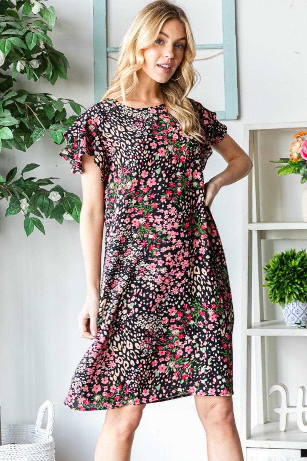 Heimish Full Size Printed Ruffled Short Sleeve Dress with Pockets.