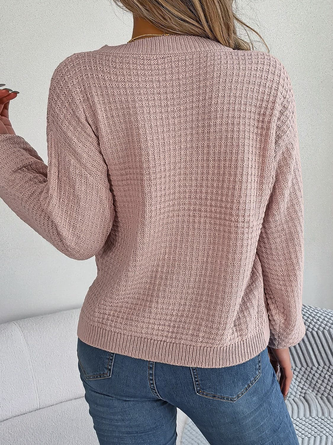 Cable-Knit Round Neck Long Sleeve Sweater.