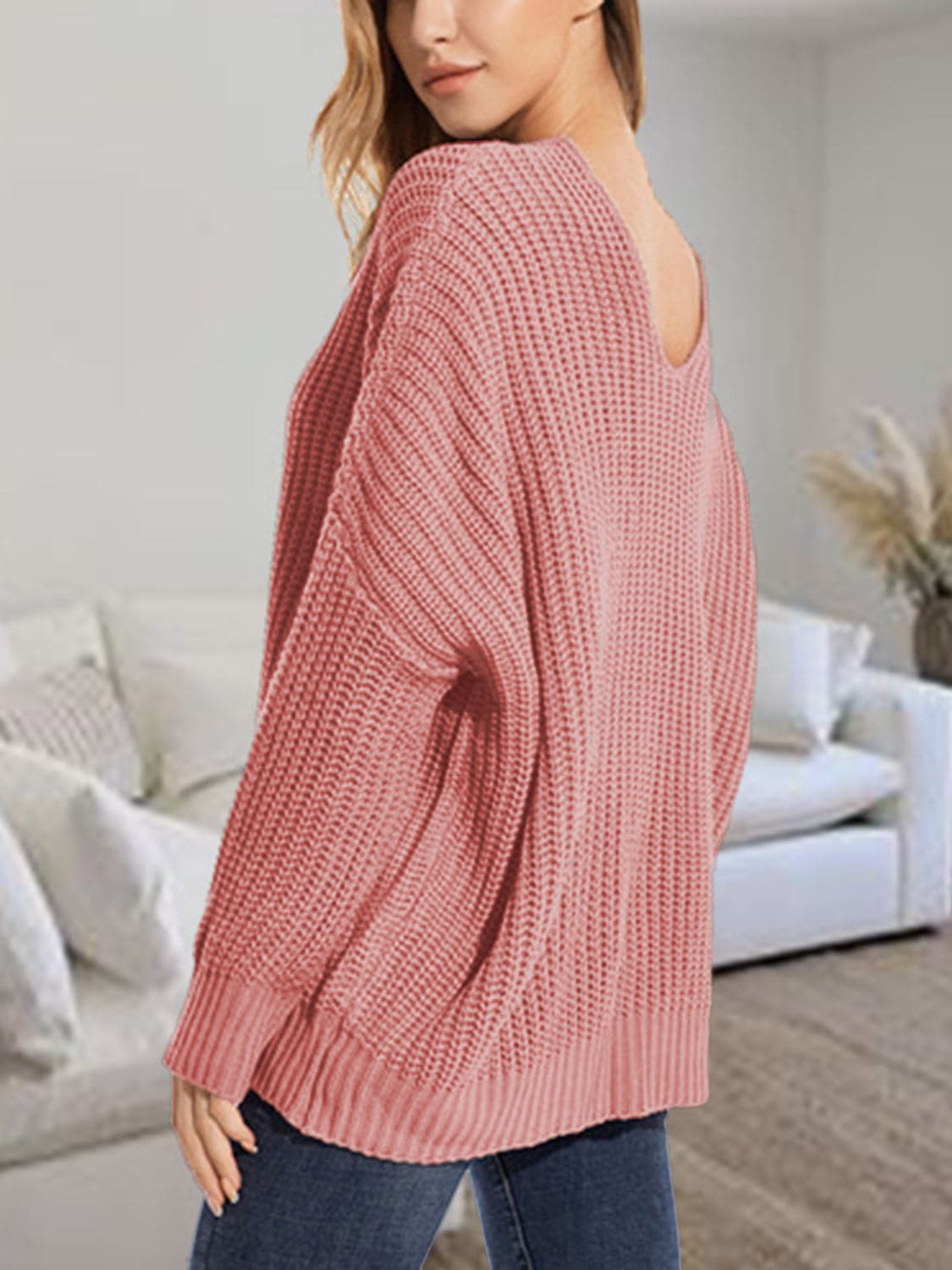 V-Neck Batwing Dropped Shoulder Sweater.