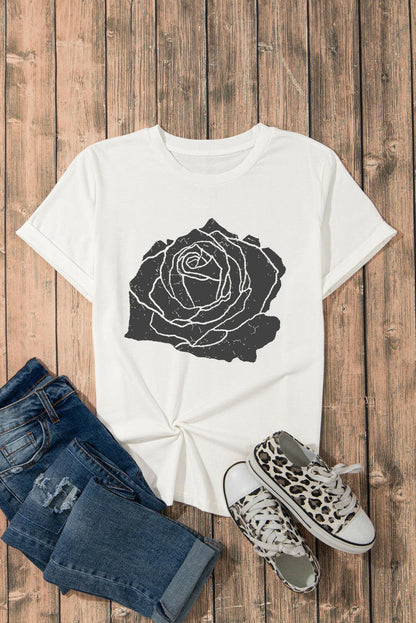 Rose Graphic Round Neck Short Sleeve T-Shirt.