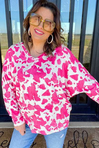 Rose leopard print plus size long sleeve top with V-neck