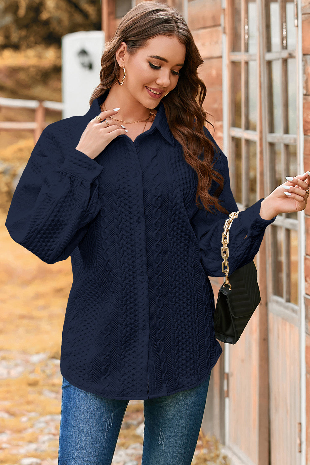 Navy Blue Cable Texture Puff Sleeve Loose Shacket Outfit