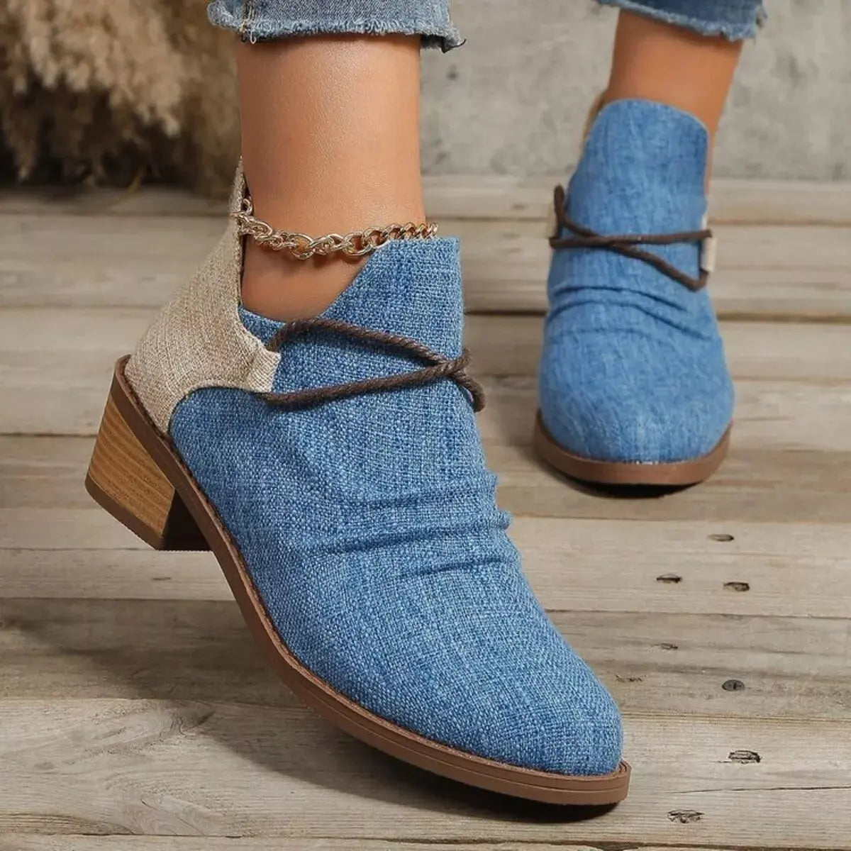Two Tone Denim Block Heel Ankle Boots Beige Accent Simply Love