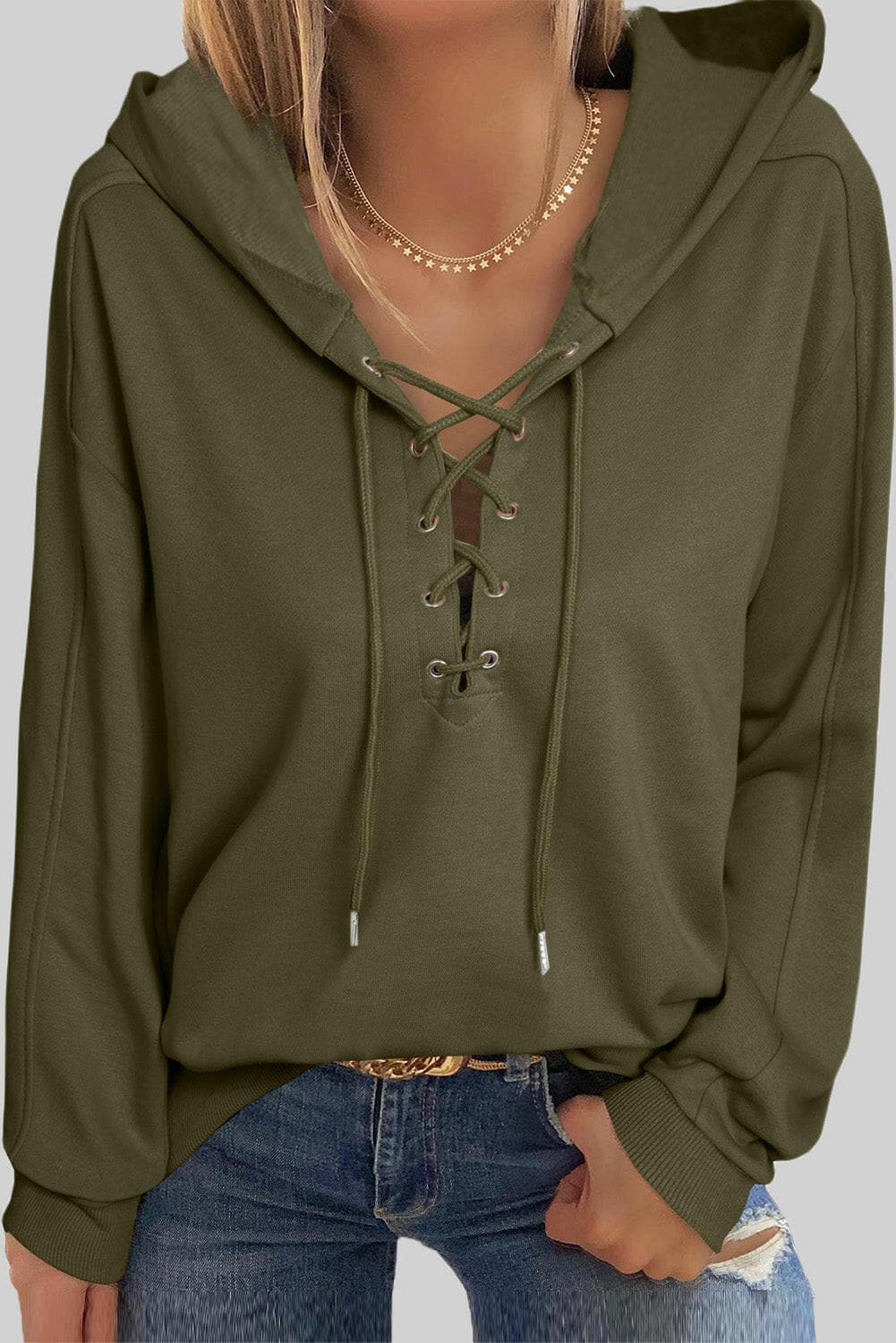 Lace-Up Dropped Shoulder Hoodie.