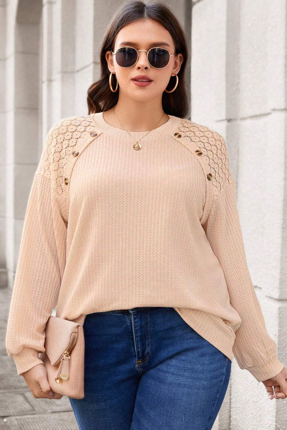 Chic beige plus size waffle knit top with lace patchwork and button details