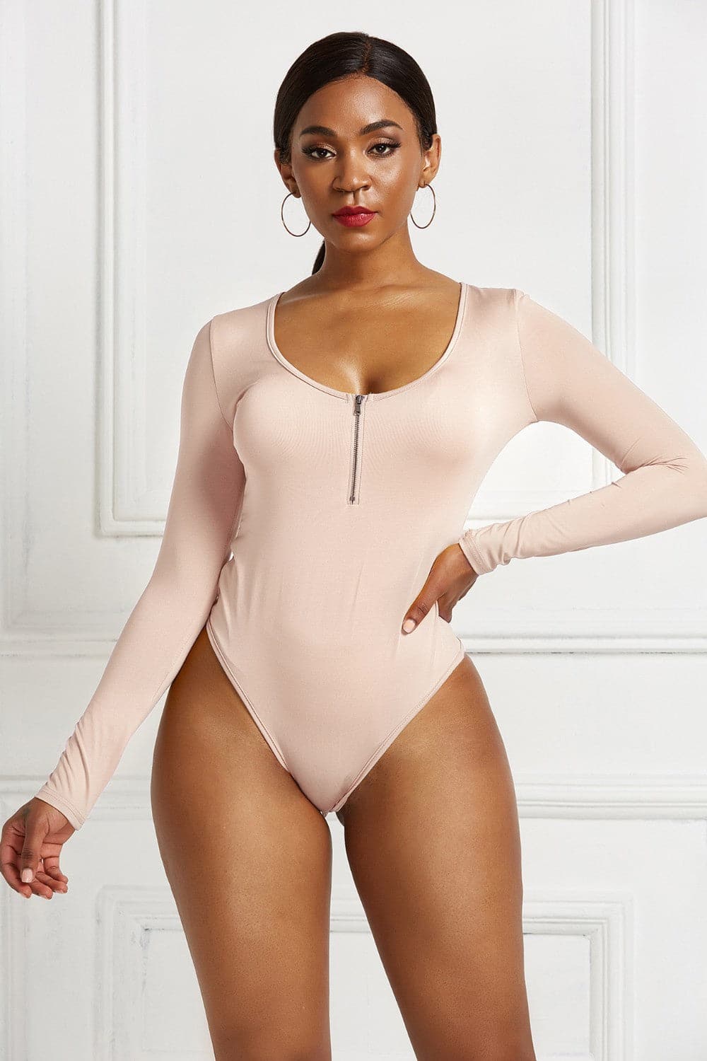 Half Zip Scoop Neck Long Sleeve Bodysuit.