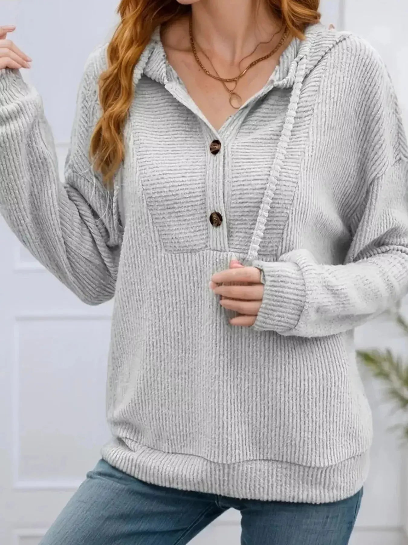 Button-Front Drawstring Hoodie Simply Love