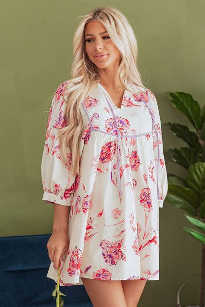 Charming Pink Floral V-Neck Mini Dress with Balloon Sleeves