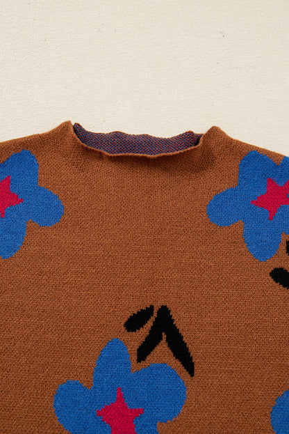 Chestnut Floral High Neck Knit Sweater Vest For Women