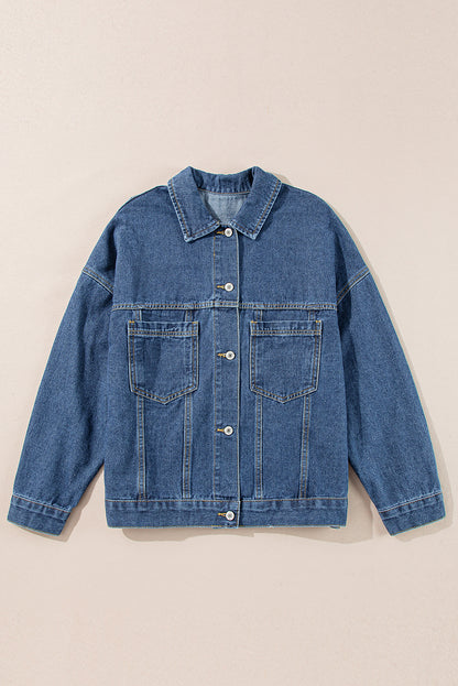 Dark Blue Washed Oversize Pocketed Denim Jacket