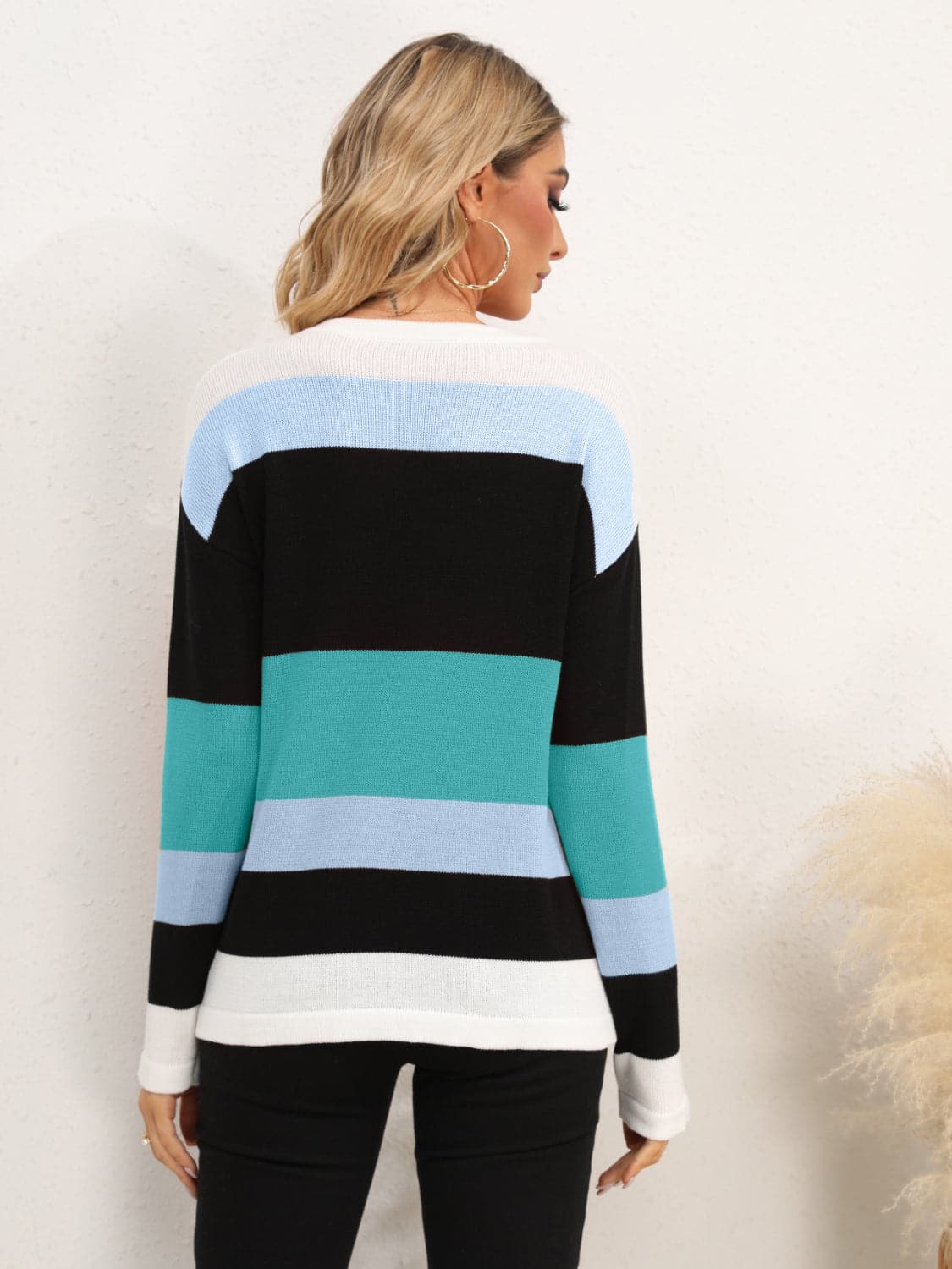 Striped Round Neck Dropped Shoulder Sweater.