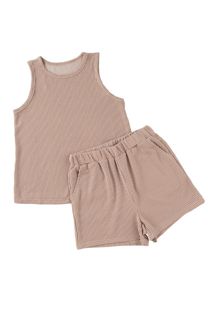 Smoke gray sleeveless top and pocketed shorts ensemble