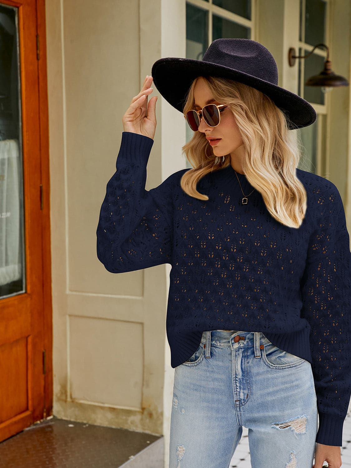 Openwork Round Neck Sweater.