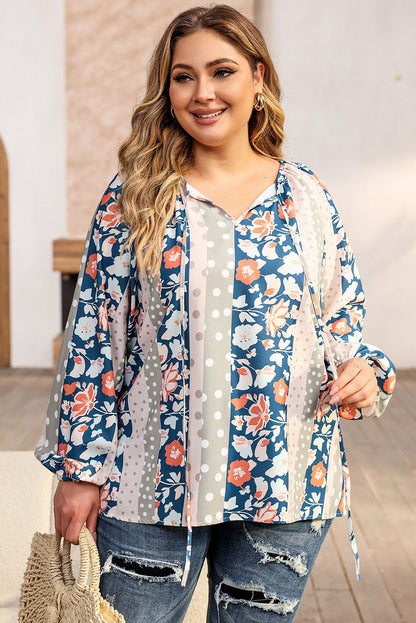 Colorful plus size mixed print blouse with split neckline