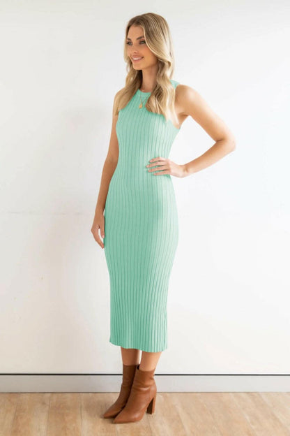 Slit Ribbed Round Neck Sleeveless Dress.