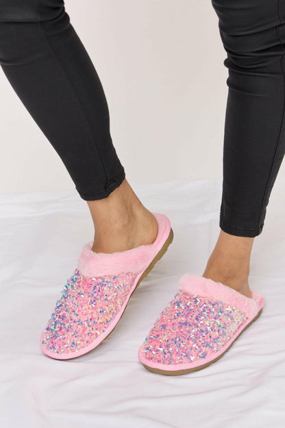 Forever Link Sequin Plush Round Toe Slippers.