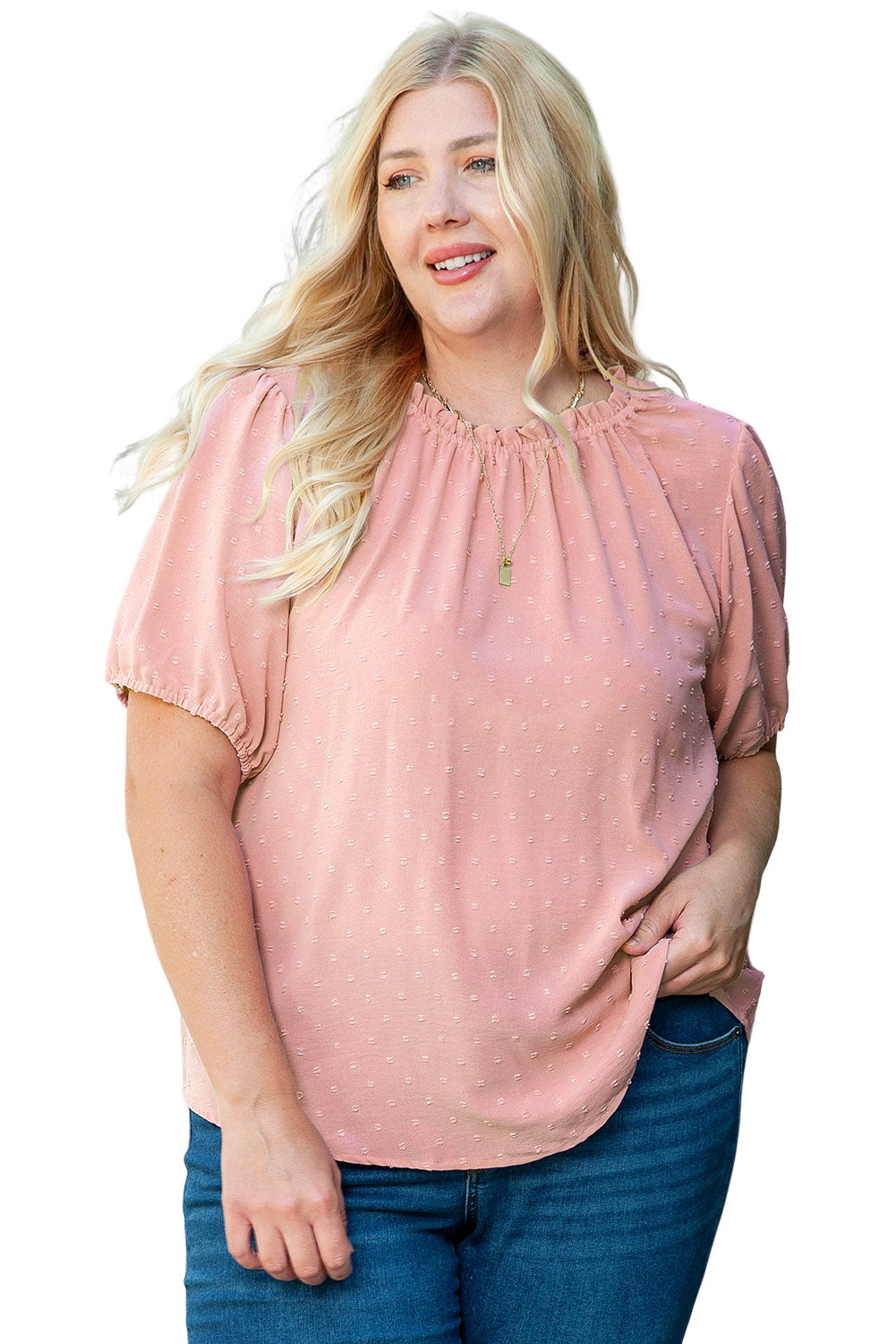 Chic pink plus size dot puff sleeve top