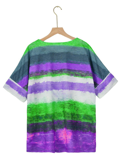 Full Size Color Block Round Neck Half Sleeve T-Shirt.