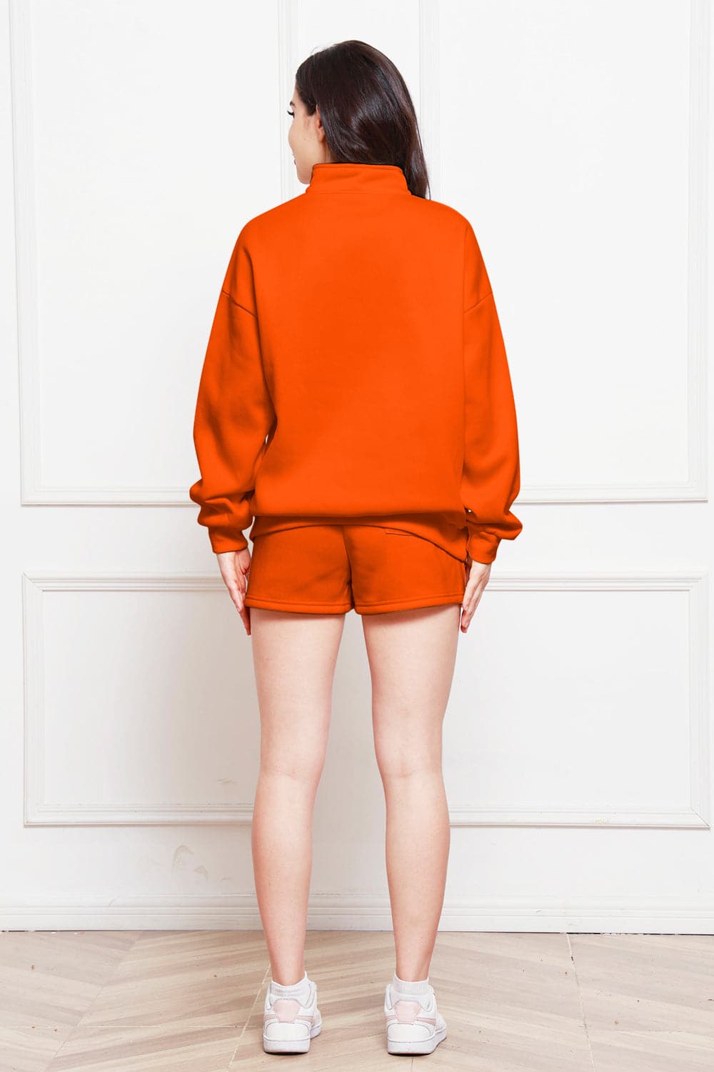 Half Zip Long Sleeve Sweatshirt and Drawstring Shorts Set.