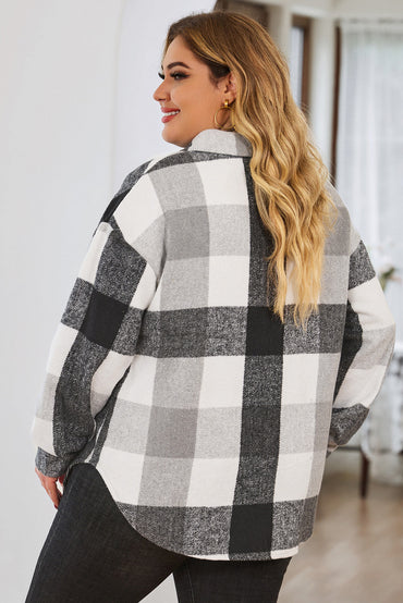 Chic gray checkered plus size shacket for winter warmth